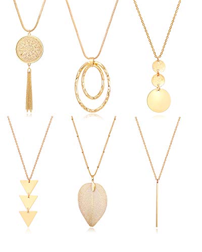 Fesciory 6 PCS Long Pendant Necklace for Women, Gold Bar Circle Leaf Triangle Tassel Y Necklace Set for Girls(Set 2)