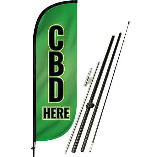 LookOurWay Feather Flag Set - 5ft Tall Advertising Banner Flag with Pole Kit and Ground Spike for Business Promotion - Smoke Shop - CBD Here