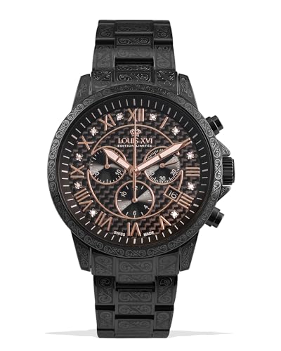 Louis XVI Men's Palais Royale Stainless Steel Strap Black with Black Real Carbon Dial Real Diamonds Roman Numerals Chronograph Analog Quartz 1020
