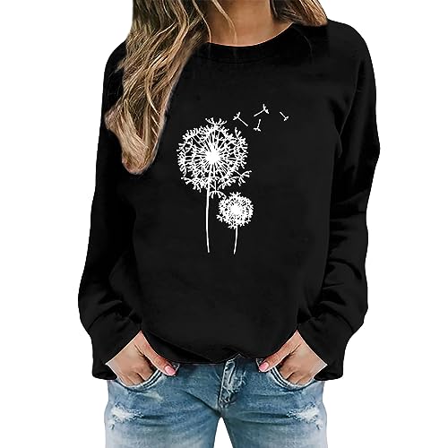 TXIAOLLY Gym Must Haves for Women,Long Sleeve T Shirts for Woman Women's Dandelion Print Casual Fashion Sweatshirt Top Long Lace Tops Women (A-Black, S)