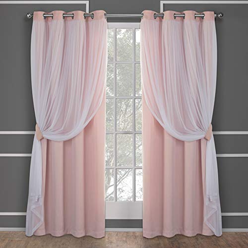 Exclusive Home Catarina Layered Solid Room Darkening Blackout and Sheer Grommet Top Curtain Panel Pair, 52'x84', Rose Blush