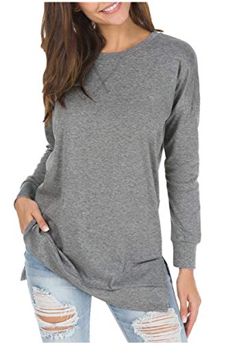 levaca Womens O Neck Plain Side Split Loose Casual Baggy Pullover Dark Gray L
