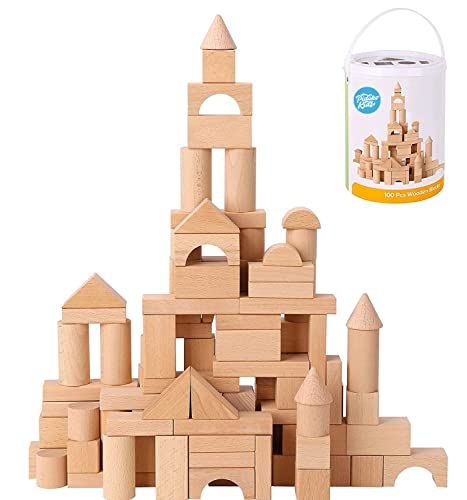 Pidoko Kids Wooden Blocks - 100 Pcs - Building Blocks for Toddlers - Includes Storage Container with Shape Sorter Lid - Natural Beech Wood Blocks - Preschool Learning Toys Stacking Block