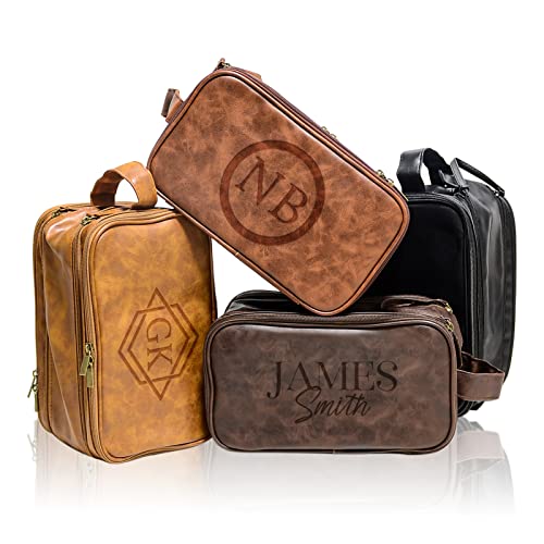 Personalized Toiletry Bag for Men, Custom Leather Travel Toiletries Bag Large Capacity, Customized Groomsmen Dopp Kit Shaving Bag, Handmade Gift for Dad, Wedding, Birthday, Husband, Grandpa - Brown