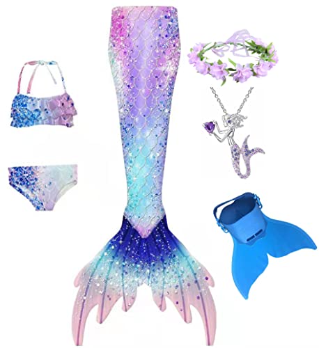6Pcs Girls Swimsuits Mermaid Tail for Swimming Kids' Bikini Bathing Suit with Monofin(E408,5-6Years)