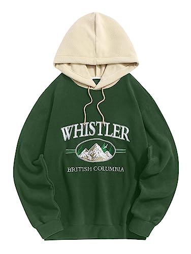 ZAFUL Men Hooded Sweatshirt Polar Fleece Vintage Hoodie Letter Mountain Embroidery Streetwear Colorblock(0-Deep Green,XX-Large)