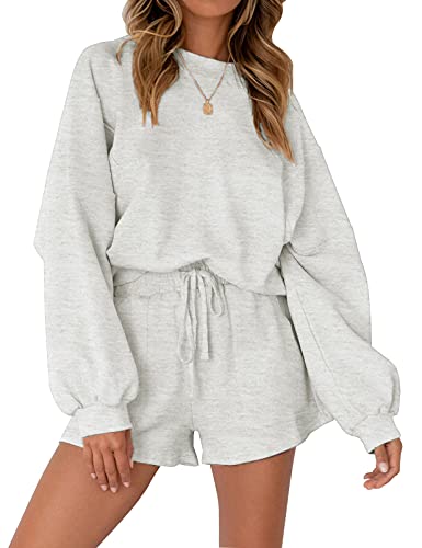 MEROKEETY Women's 2023 Fall Oversized Batwing Sleeve Lounge Sets Casual Top and Shorts 2 Piece Outfits Sweatsuit Light Grey