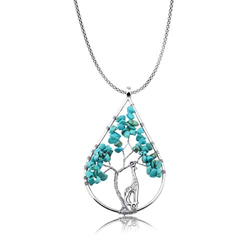 Zuo Bao Handmade Wire Wrapped Quartz Chips Tree Teardrop Pendant Necklace with Giraffe/Healing Jewelry Gift for Family (Turquoise with Giraffe)
