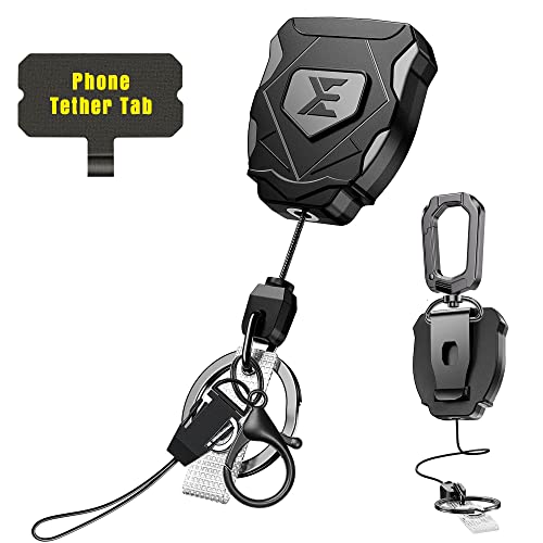 ELV Heavy Duty Retractable Keychain with Interval Locking, Belt Clip and Carabiner, ID Badge Key Reel, Retractable Badge Holder with 31” Dyneema Cord, Key Ring, Lobster Claw Clasp and Phone Tethers