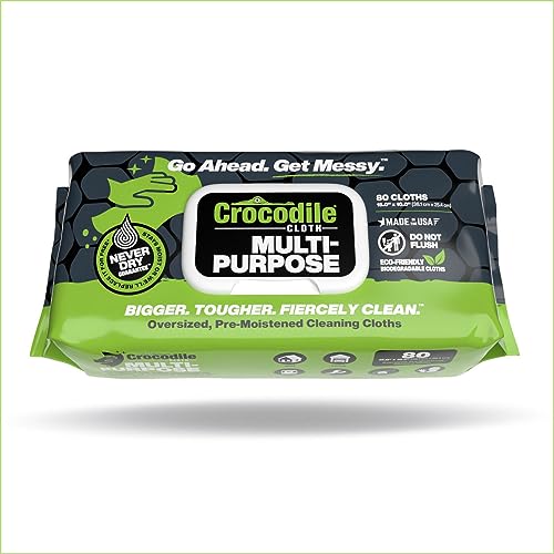 Crocodile Cloth Multi-Purpose Household Cleaning Wipes - The Stronger Easier Way To Clean Grease, Dirt, Dust, Grime, & Glue From Hands, Tables, and More - 80 Oversized, Heavy-Duty Biodegradable Wipes