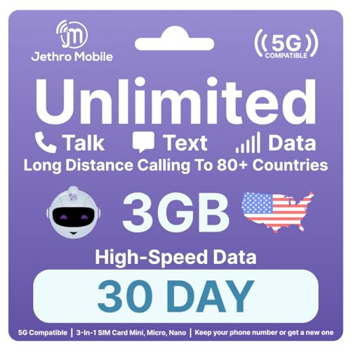 Jethro Mobile (1 Month) | 3GB/Month | Unlimited Talk Text & Data | 3-in-1 Prepaid Sim Card USA | Bring Your Own Cell Phone