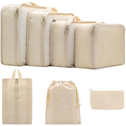 7 Set Packing Cubes Clothes Storage Bag Luggage Packing Organizers for Travel Accessories PAZIMIIK Beige