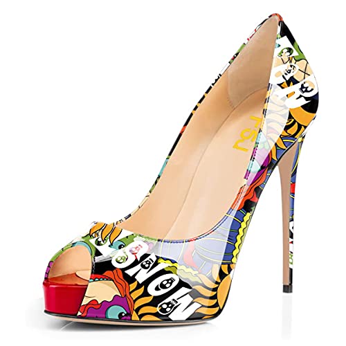 FSJ Women Graceful Peep Toe Pumps High Heels with Platform Slip On Party Prom Shoes Size 8 Cartoon