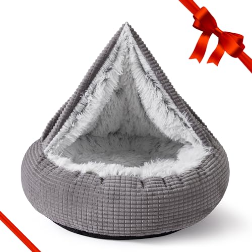 MIXJOY Dog Bed with Blanket Attached, Round Calming Hooded Cozy Cave Dog Beds for Mediun Dogs, Soft Plush Cuddler Puppy Pet Bed and Dog Burrow Cave Bed, Anti-Slip Bottom, 26inch