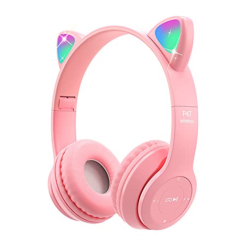 Wireless Cat Ear Headphone, Kids Headphones with Mic&LED Light Up Cat, 85dB Safe Volume Limited, Foldable Kitty Headpones for Online Learning, School, Travel, Tablet, Smartphone - Support 3.5mm Audio