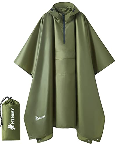 PTEROMY Hooded Rain Poncho for Adult with Pocket, Waterproof Lightweight Unisex Raincoat for Hiking Camping Emergency (Green 1/4 Zipper)