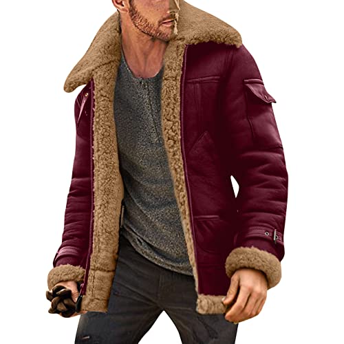 DALIO Men's Faux Leather Jacket with Fur Collar Shearling Lined Coat for Winter Stand Collar Zip Up Motorcycle Bomber Jacket(Red,X-Large)