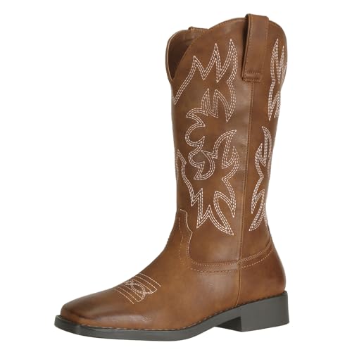 SheSole Women's Cowgirl Cowboy Boots Mid Calf Square Toe Western Dark Tan Boot US Size 8