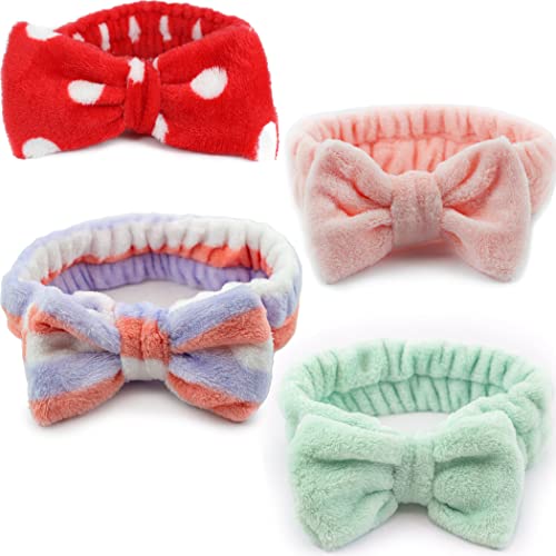 (3 PACK + BONUS) Plush Stretchy Elastic Spa Headband for Face Mask, Makeup, Face Wash - Universal Fit - Machine Washable Ultra Soft Bow Facial Head Wrap - w/Detachable Bow
