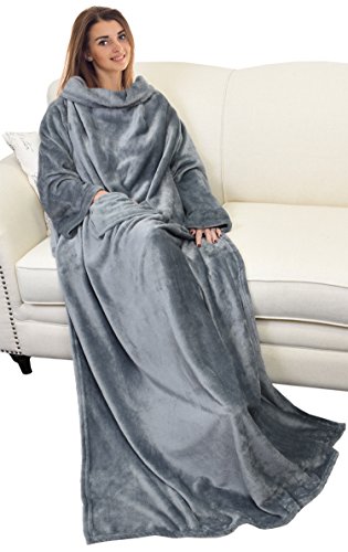 Catalonia Wearable Blanket with Sleeves and Pocket, Cozy Soft Fleece Mink Micro Plush Wrap Throws Blanket Robe for Women and Men, Gift for Her