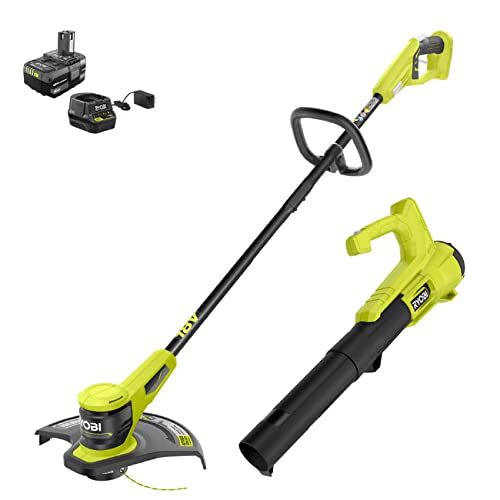 RYOBI ONE+ 18V Cordless Battery String Trimmer and Blower Combo Kit (2-Tools) with 4.0 Ah Charger, GREEN, P20151