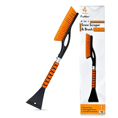 EcoNour 27' Aluminum Snow Brush with Ice Scrapers for Car Windshield and Window | Car Snow Scraper and Brush with Ergonomic Foam Grip Winter Accessories (Orange)