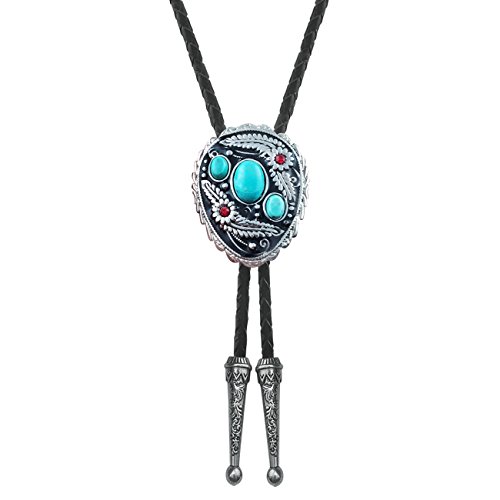 QUKE Blue Natural Turquoise Flower Pattern Bolo Tie Western Cowboy Vintage Handmade Genunie Leather