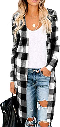 Women's Casual Long Open Front Drape Lightweight Duster High Low Hem Maxi Long Sleeve Cardigan(S-3XL)(Z-White Plaid, US XL(16-18))