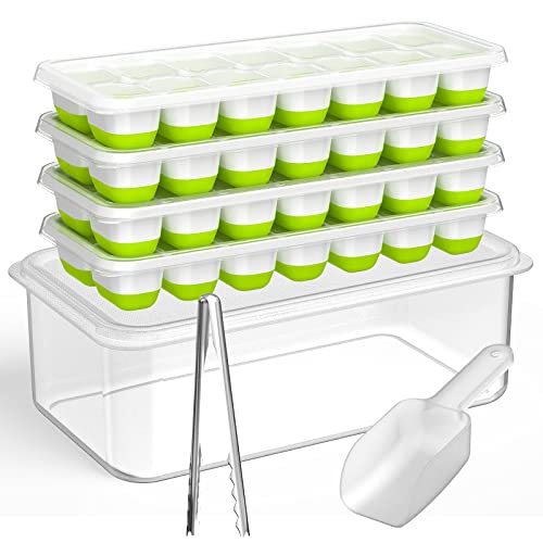 DOQAUS Ice Cube Tray with Lid and Bin, 4 Pack Silicone Plastic Ice Cube Trays for Freezer with Ice Box, Ice Trays with Ice Container, Stackable Ice Tray with Storage Ice Bucket Kits,Ice Tong,Ice Scoop