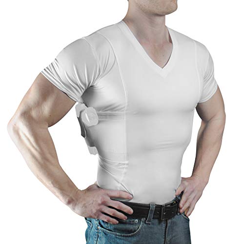 ConcealmentClothes Men’s Concealed Carry CCW Holster Shirt for Pistols & Accessories, V-Neck, White, Medium