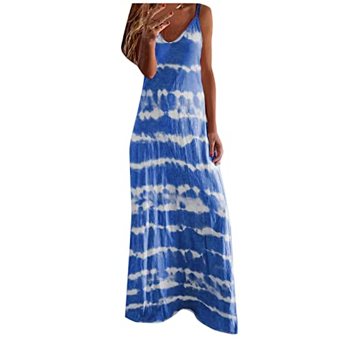 Susana Monaco Dress Womens Casual Summer Dresses Tie Dye Loose Fit Maxi Dresses Spaghetti Strap Sleeveless V Neck Boho Beach Dress(Blue,XX-Large)