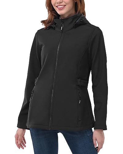 Outdoor Ventures Women's Softshell Jacket with Removable Hood, Insulated Windbreaker Waterproof Warm Fleece Lined Coat