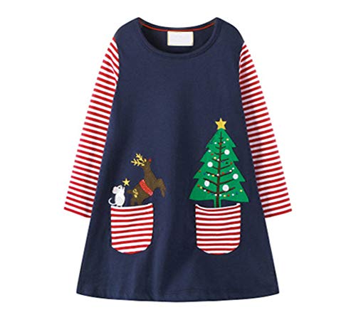 Little Girl Girl Dress Christmas Navy Blue Deer Elk Santa Long Sleeve Cotton Daily Dress Size 6