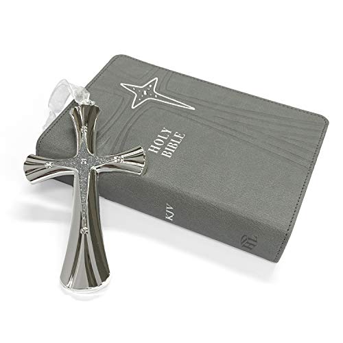 Gray Bible Gift Set with KJV Bible & Silver-Plated Cross Ornament with Crystals from Swarovski