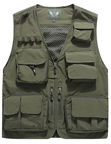 Flygo Men's Casual Lightweight Outdoor Travel Fishing Vest Jacket Multi Pockets (XX-Large, Army Green)