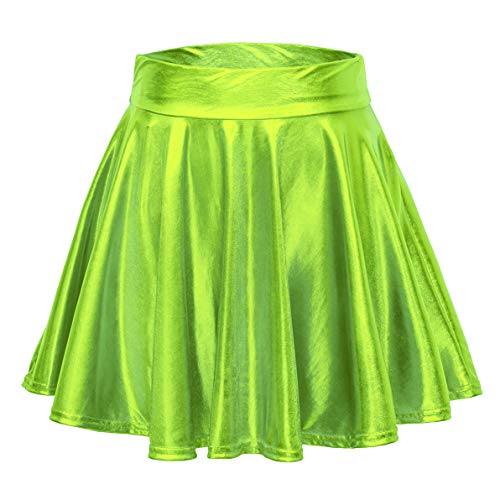 EXCHIC Women's Shiny Metallic Wet Look Stretchy Flared Mini Skater Skirt (M, Candy Green)