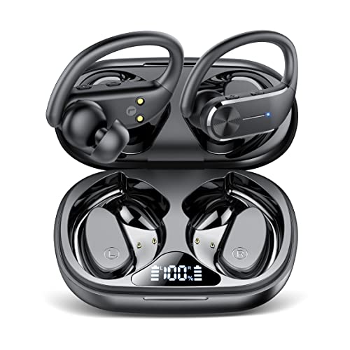 hadbleng Ear Buds Bluetooth Headphones Wireless Earbuds 50hrs Playtime Sports Earhooks Earphones with LED Display IPX7 Waterproof Built-in Mic Over-Ear Headset for Workout,Running Black