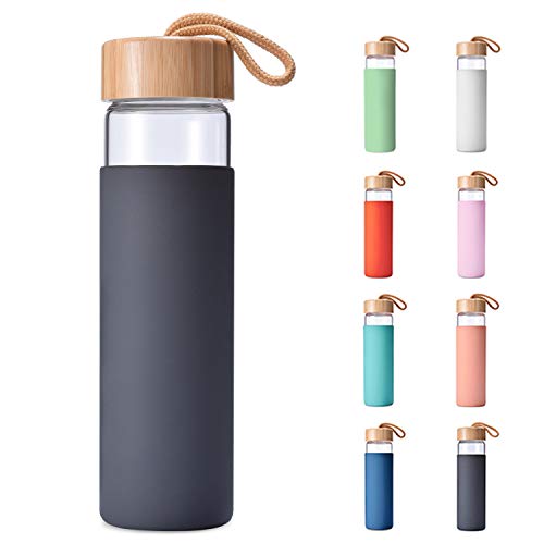 Yomious 20 Oz Borosilicate Glass Water Bottle with Bamboo Lid and Silicone Sleeve – Reusable BPA Free – Cute Drinking Bottle for Women - Shaker Bottle