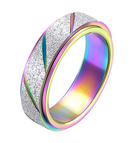 ALEXTINA Dainty Cute Anxiety Rainbow Spinner Ring for Women Teen Girls Stainless Steel Rose Gold Wedding Band Stress Relief Geometry Cut Glitter Finish, Iridescent, Size 8
