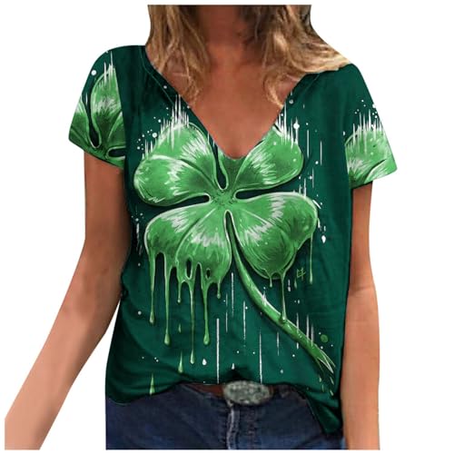 HGps8w St. Patrick's Day Womens Short Sleeve T-Shirts Irish Green Shamrock Print Lucky Clover Graphic Tee Tops V Neck Blouses
