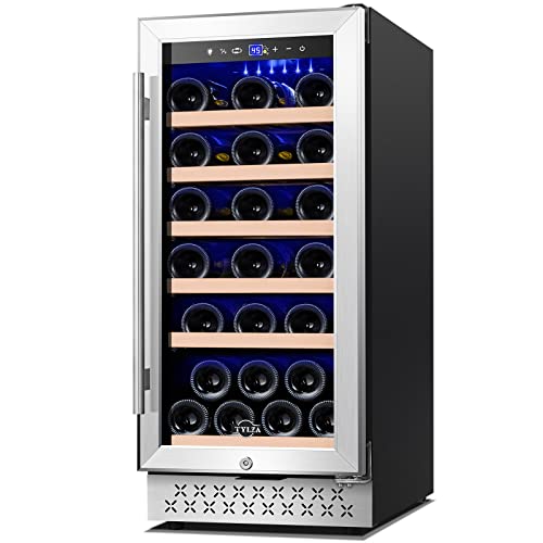 Tylza 15 Inch Wine Cooler Under Counter, 30 Bottle Built-in Wine Fridge with Stainless Steel Tempered Glass Door, Temp Memory Function, Freestanding Fast Cooling Wine refrigerator, Quiet Operation