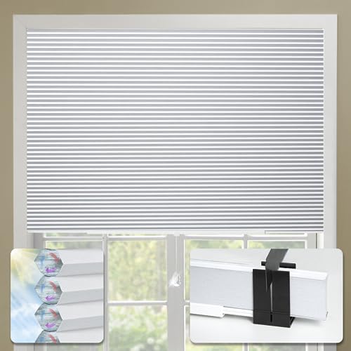 Blankendon Cellular Shades No Tools No Drill Custom 39' W(27'-39') x 64' H Honeycomb Blinds Blackout for Window Easy Cutting Telescopic Track Cellular Blind Pearl White