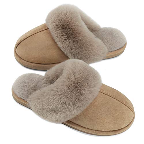 Womens Slipper Fuzzy Fluffy House Slippers Faux Fur Cozy Warm Soft Indoor Shoes Memory Foam Anti-skid Rubber Sole Taupe 7-8