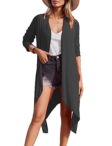 Meaneor Long Cardigan for Women, Lightweight Long Sleeve Asymmetric Open Front Drape Cardigan Sweaters Dark Gray