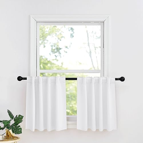 RYB HOME Small Window Curtains - Blackout Insualting Privacy Curtains for Kids Bedroom Kitchen Bathroom Basement Cafe Cabinet Tiers Curtains, 34 Width x 24 Length, 2 Panels, Pure White