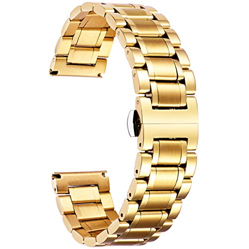 BINLUN Stainless Steel Watch Bands 12mm-24mm Replacement Smart Watch Straps with Straight&Curved Ends Universal fit for Samsung Galaxy Watch 6/5/4/3,Fit for Garmin Watch(Gold,16mm)