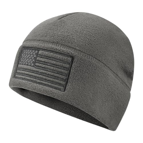 American Flag Fleece Watch Cap, USA Multi-Season Army Military Tactical Beanie, Winter Warm Beanie, Gray, One Size
