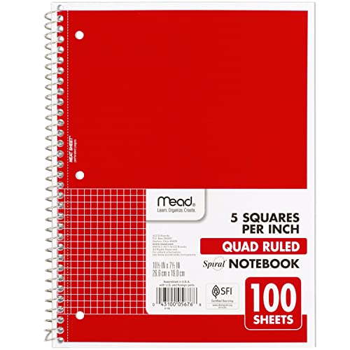 Mead Spiral Notebook, 1-Subject, Graph Ruled Paper, 7-1/2' x 10-1/2', 100 Sheets, Red (05676AB5)