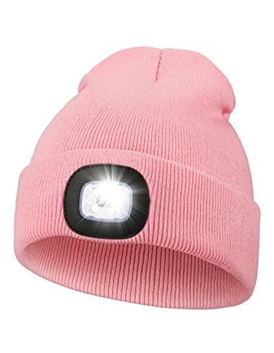 Unisex LED Beanie with Light, USB Rechargeable Hands Free LED Headlamp Hat, Knitted Night Light Beanie Cap Flashlight Hat, Men Gifts for Dad Father Husband (Pink)