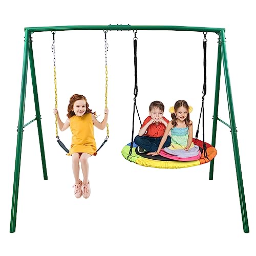 Trekassy 440lbs 2 Seat Swing Set for Backyard, 1 Saucer Swing Seat and 1 Belt Swing Seat with Heavy Duty A-Frame Metal Swing Stand